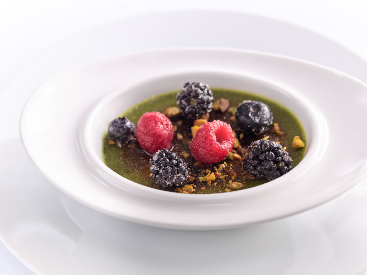 Pistachio crème brûlée with Blueberry gelée – Rosendale Online